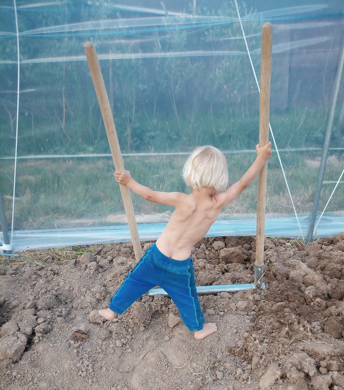 Unser Sohn Luke bei der Gartenarbeit im Folientunnel